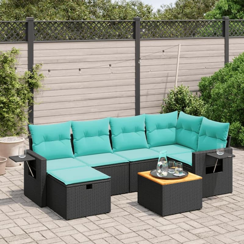 vidaXL Patio Sofa Set with Cushions Outdoor Furniture 7 Piece Poly Rattan - Black without storage - 24.4" x 24.4" x 27.2"
