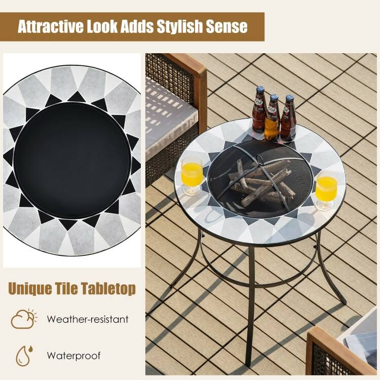 25.5 Inches Round Fire Pit Table with Mesh Cover and Fire Poker - 25.5" x 25.5" x 27.5" (L x W x H)
