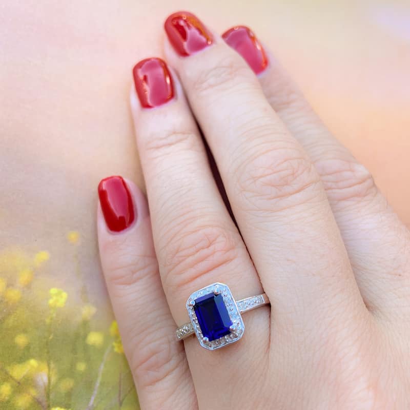 Miadora Sterling Silver Emerald-cut Created Sapphire and Diamond Ring