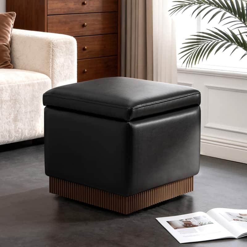Swivel Storage Ottoman Bench Footstool with Flip-top and Acacia Frame - Black