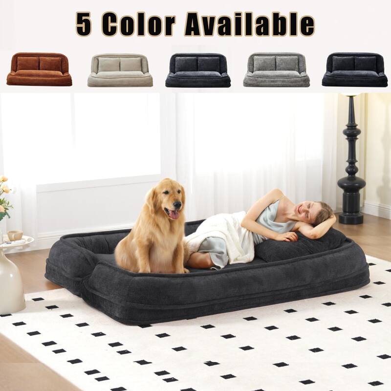 Pet Friendly Lazy Loveseat Sofa 2-in-1 Chenille Floor Couch Double Human Sleeper Bed with 5 Adjustable Position, Plump Pillows