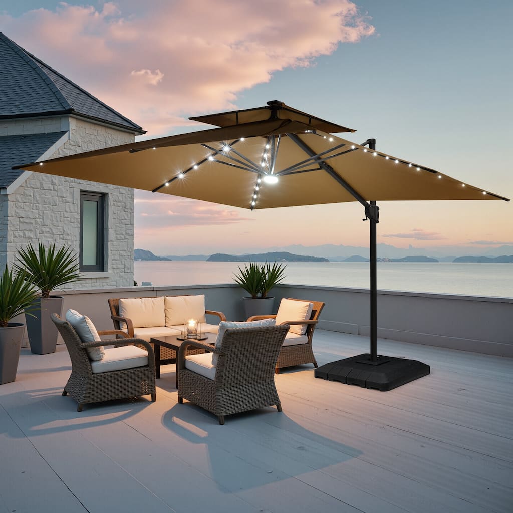 11FT Patio Cantilever Umbrella LED Lights Double Top Umbrella with 4-Piece Fillable Weighted Base