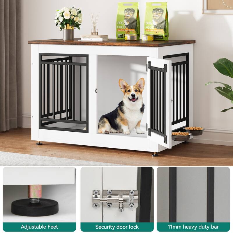 Moasis Dog Crate Furniture, End Table with Feeding Bowls
