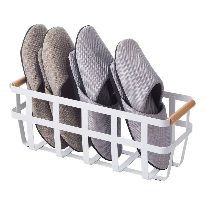 Yamazaki Home Storage Basket - Two Sizes, Steel and Wood - L 5.71 x W 15.75 x H 6.1 inches - White - L 5.71 x W 15.75 x H  6.1 inches
