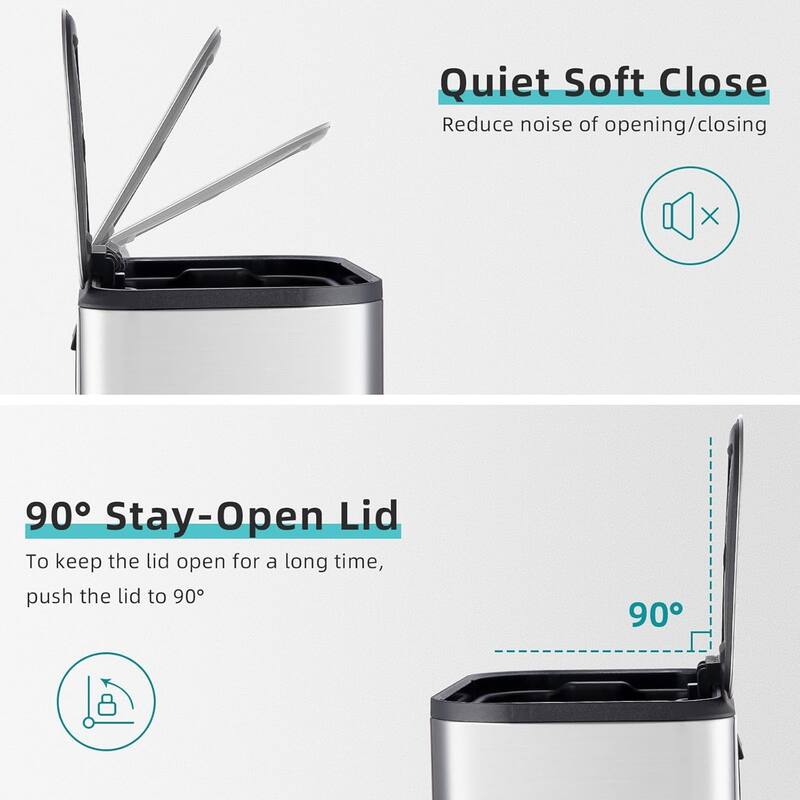 8 Gallon/30 L Stainless Steel Trash Can with Lid, Step-On Pedal and Inner Bucket, Rectangular for Kitchen, Office, Living Room