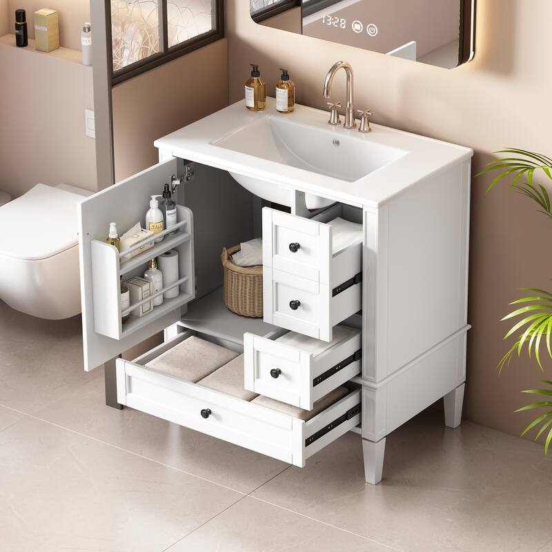 Bathroom Vanity with Ceramic Sink, Bathroom Cabinet with Soft Closing Doors, Vanity Set with 2-Tier Storage Rack and 3 Drawers - White