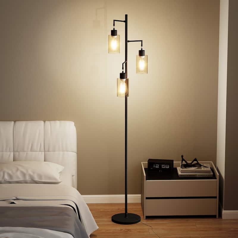 67" 3-Light Tree-Shaped Floor Lamp - Glass Lampshades & Foot Switch for Living Room & Bedroom