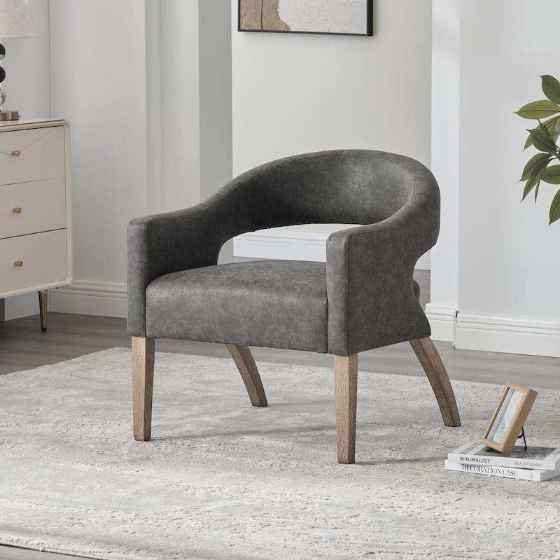 Modern Upholstered PU Open Back Accent Armchair Barrel Dining Chair with Weathered Rubberwood Legs, Hollow-Out Side Club Chair - Gray