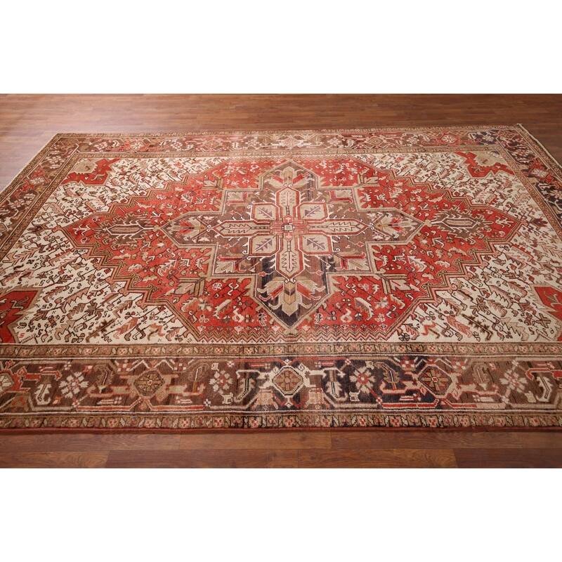 Geometric Red Heriz Persian Vintage Area Rug Handmade Wool Carpet - 6'11"x 9'10"