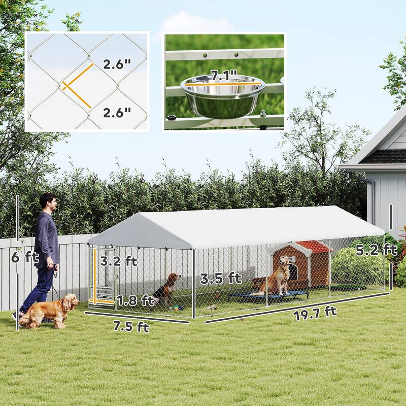 PawHut Outdoor Dog Kennel, Heavy Duty Dog Kennel Outside with Adjustable & Rotatable Bowl Rack, Waterproof Cover