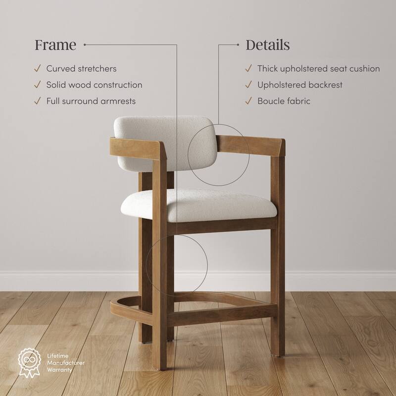 Veya Modern Barrel Bar Stool with Solid Wood Legs and Boucle Upholstery