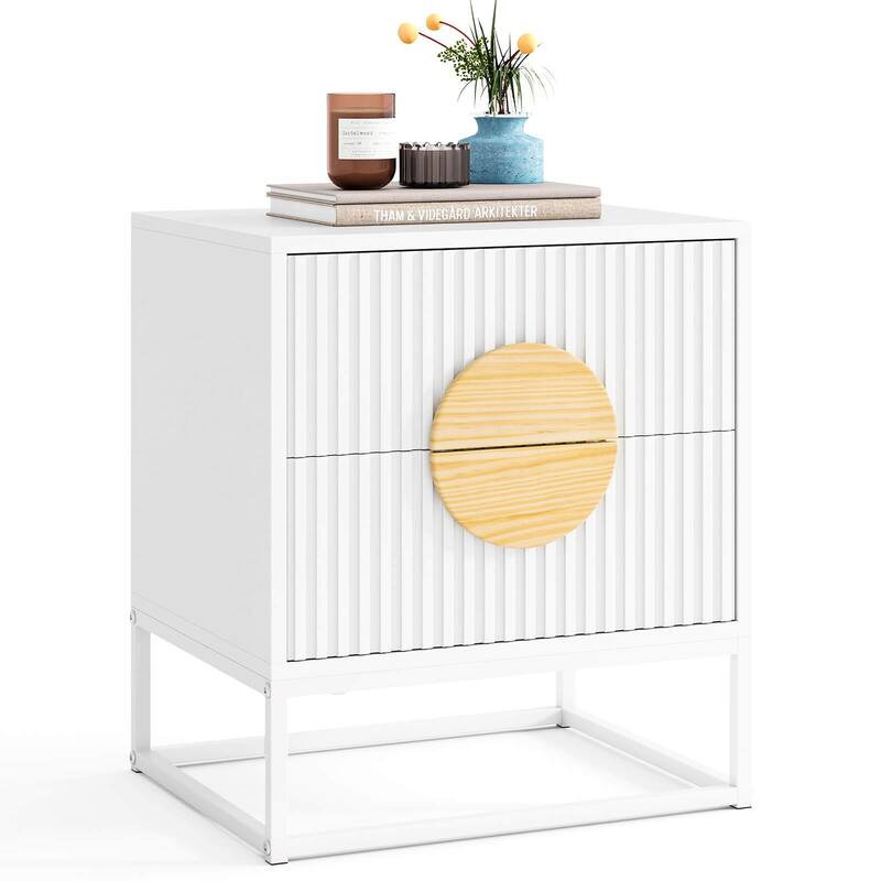 Costway 1/2 PCS Fluted Nightstand with 2 Drawers with Pine Wood - White-1 PCS