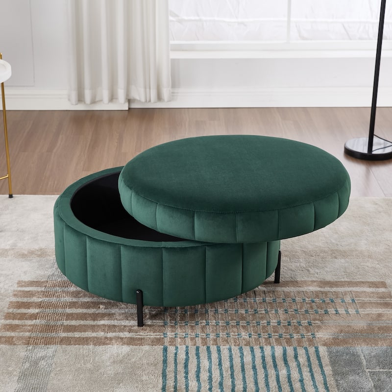 31.5"W Upholstered Round Ottoman With Reversible Lid, Velvet Storage Stool, Channel Tufted Pumpkin-shape Footstool