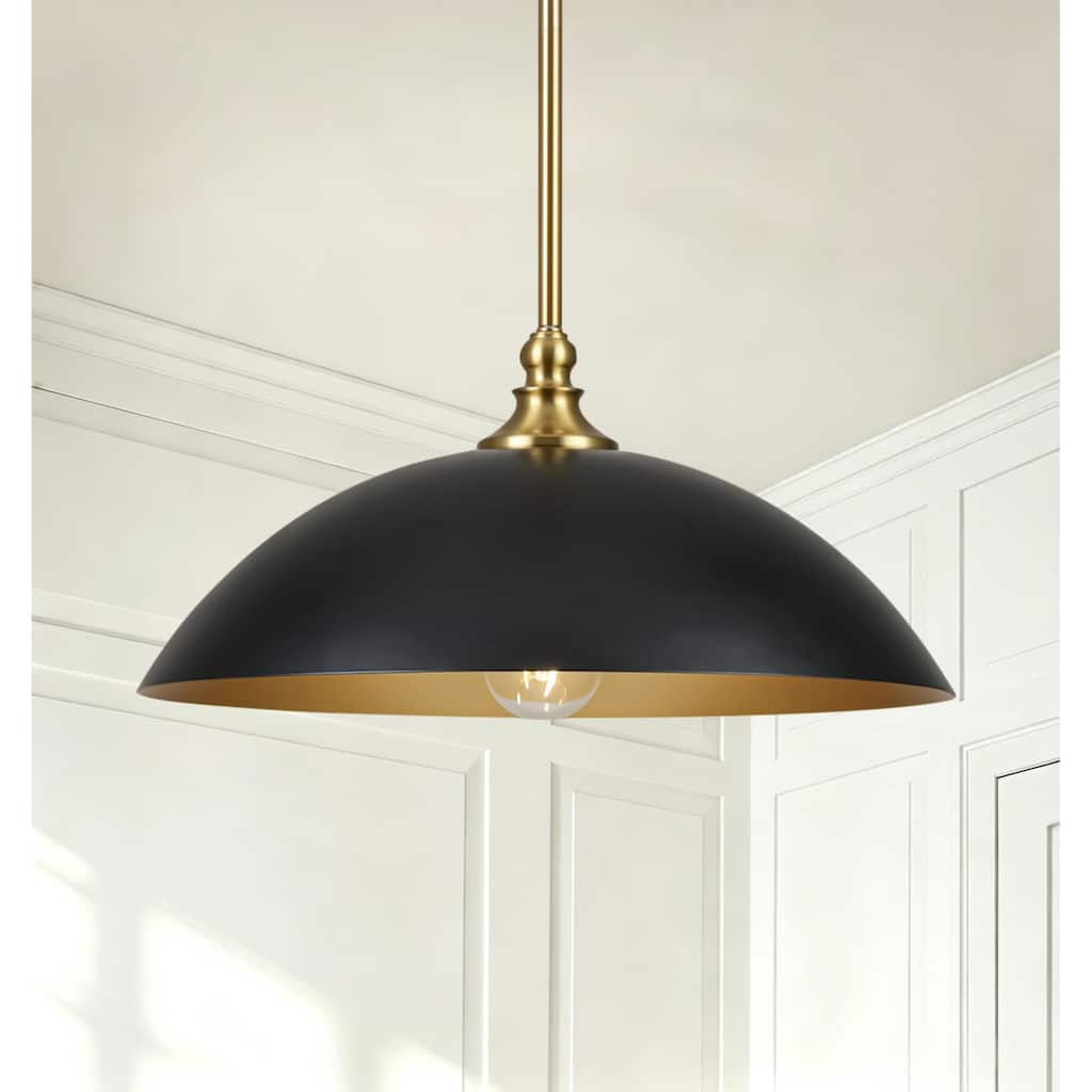 1-Light Modern Black and Brass Dome Pendant Light with Gold Interior Shade for Kitchen Island Dining Room
