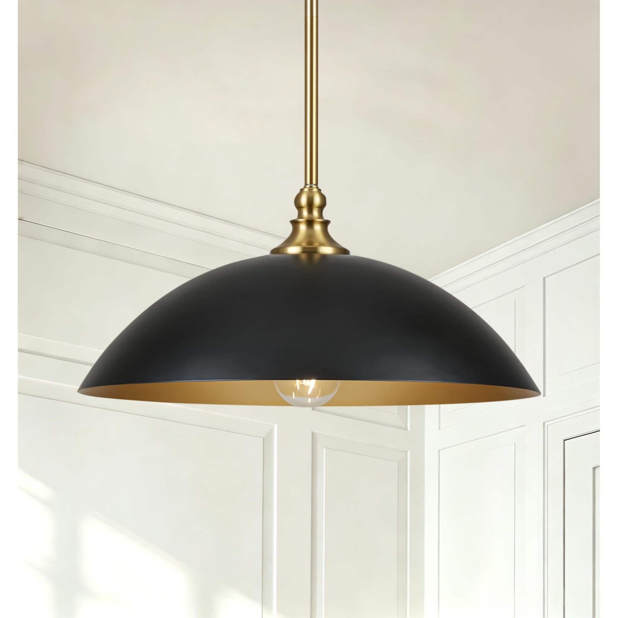 1-Light Modern Black and Brass Dome Pendant Light with Gold Interior Shade for Kitchen Island Dining Room