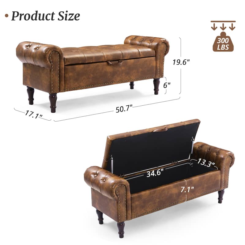 Modern Velvet Upholstered Storage Bench with Silver Nailhead Trim