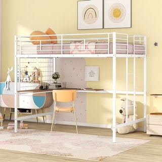 White Full Size Metal Loft Bed with Desk, Ladder & Grid
