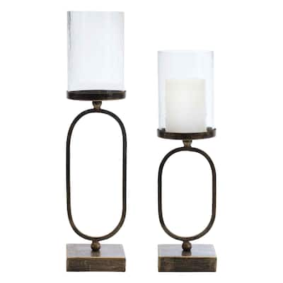 Set of 2 Brown and Black Textured Glass Hurricane Candle Holders 18"