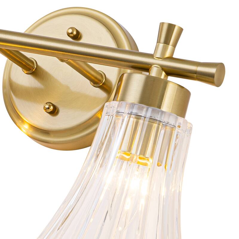 Gold Metal Wall Sconce Ribbed Trumpet Glass Shade for Bathroom Vanity
