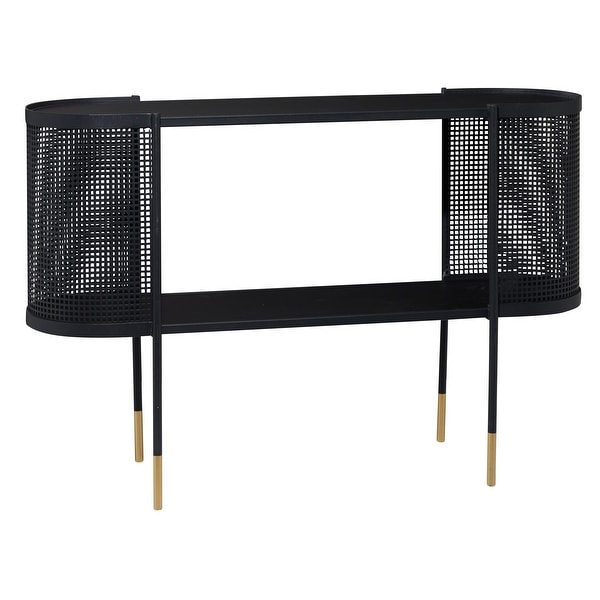 Oval Black Metal Wrapped Console Table With Open Storage Center And Gold Detail Legs 47" X 31.5" - 47 x 15 x 32