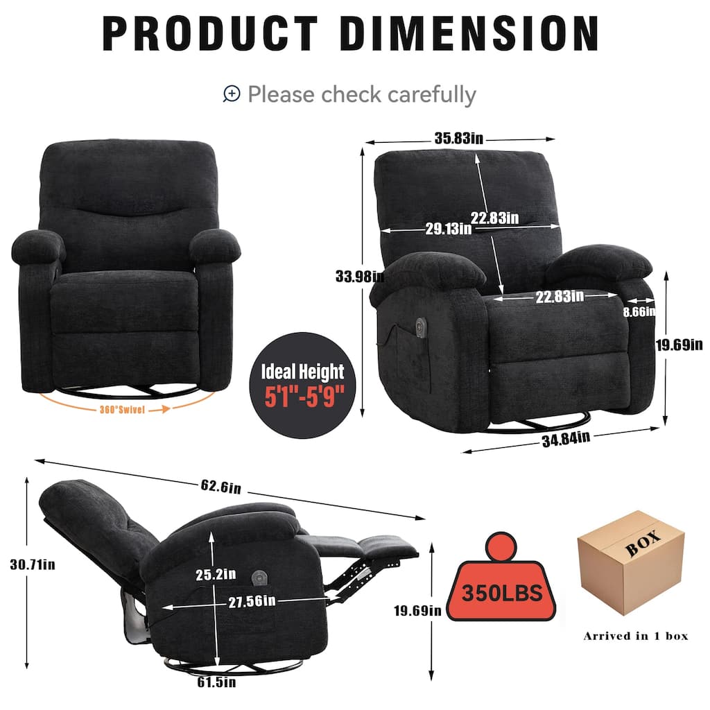 Manual Swivel Recliner Chair with Heat & Massage, Heavy Duty Recliner Chair with Side Pocket, Ergonomic Single Sofa Chair
