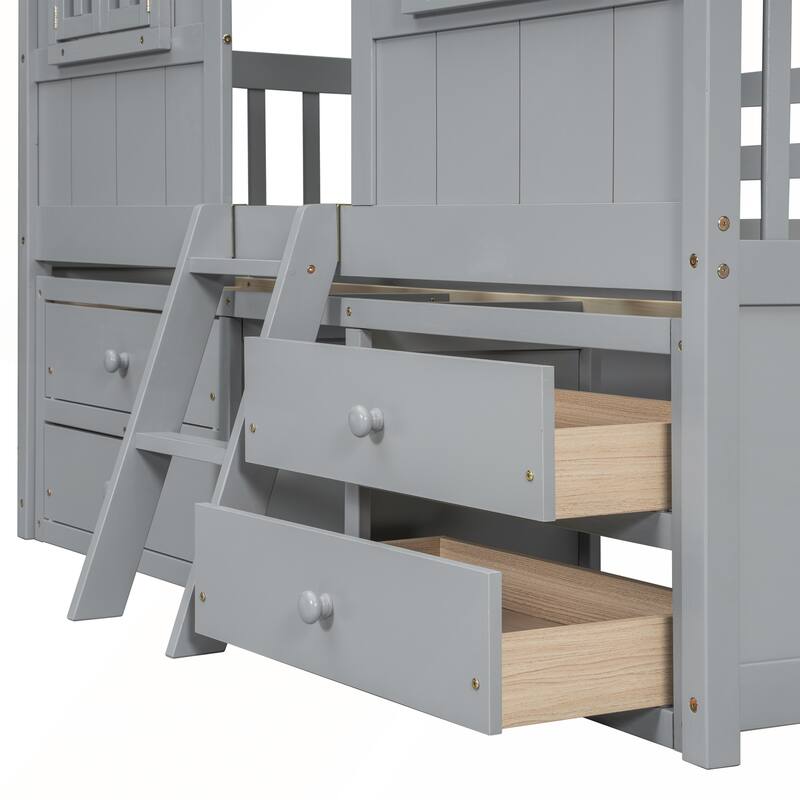 Full Size House Loft Bed with 4 Storage Drawers and Safety Guardrails