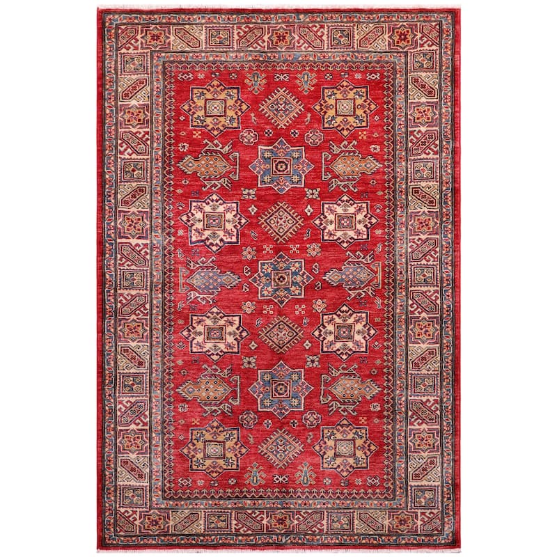 Southwestern Super Kazak Mira Red/Tan Hand Knotted Wool Rug - 4'10'' x 6'7''