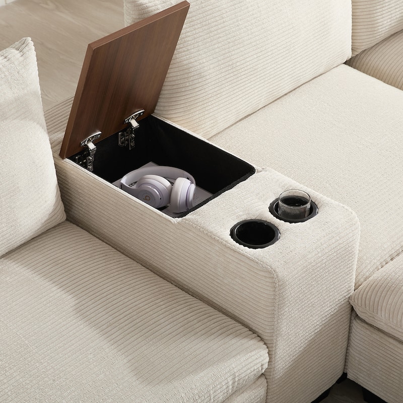 U-Shaped Chenille Upholstered Storage Sofa w/ Ottoman, Cup Holder, USB