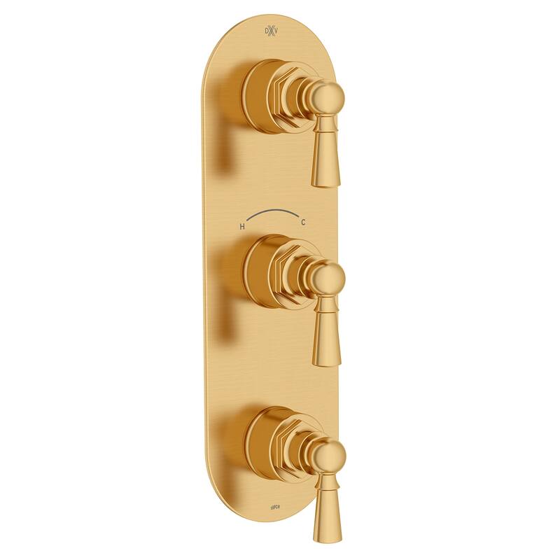 DXV Oak Hill Three-Handle Thermostatic Valve Trim with Lever Handles - Satin Brass