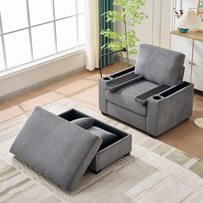 55" Oversized Chaise Lounge Chair Indoor With Ottoman And Storage,With Cup Holder,Mobile Phone Stand&Usb Charging Port