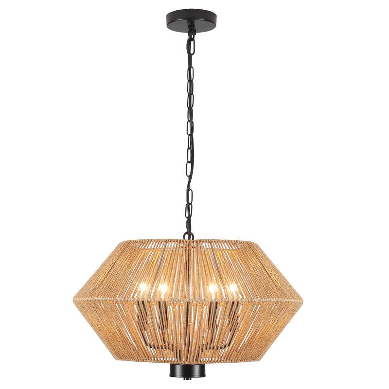 4-Light Dimmable Pendant Light, Paper Rattan Lampshade Candle Chandelier for Living Room with no bulbs included - Black and Brown