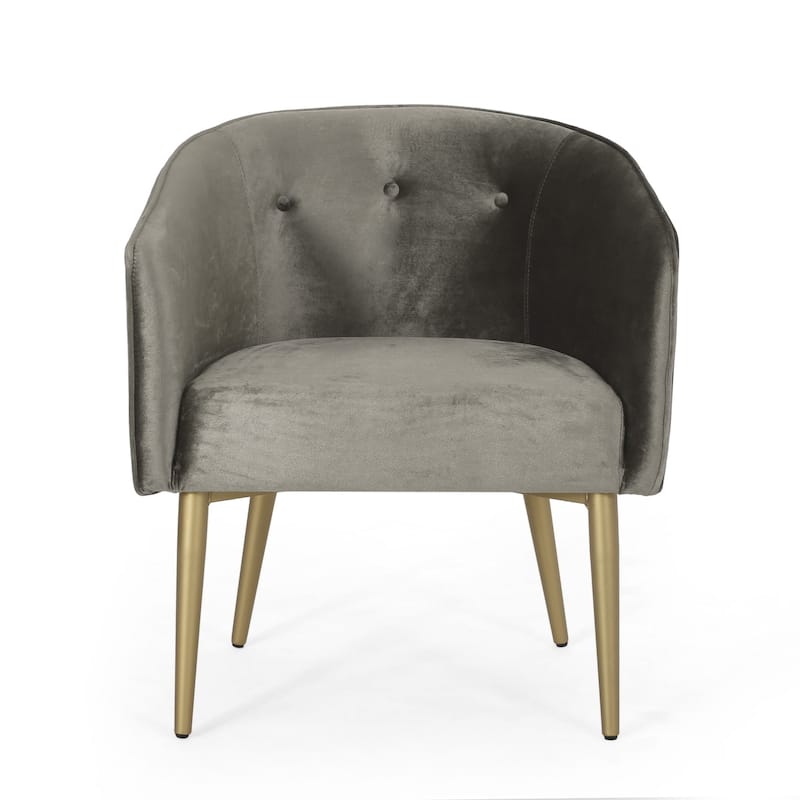 Dining Armchair, Round Button Tufted Backrest, Gray Velvet, Gold Legs