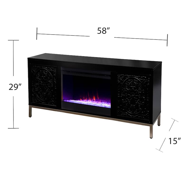 SEI Furniture Whitwell Black Wood Media TV Stand with Color Changing Fireplace Insert for TV's up to 56"