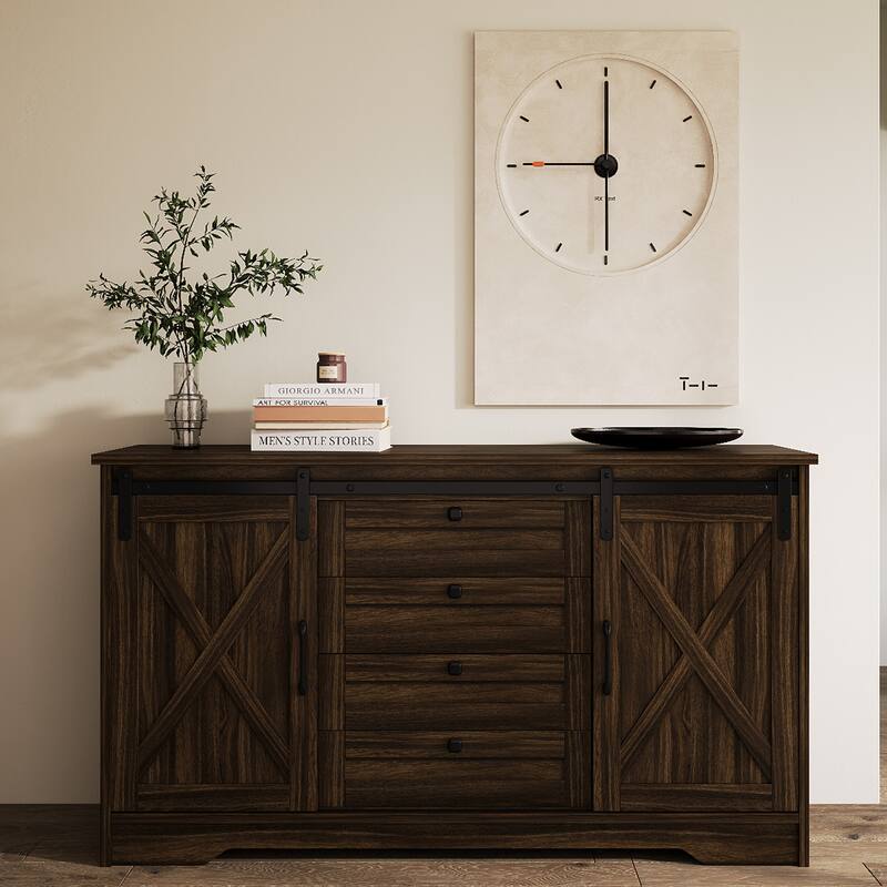 JASIWAY Barn Buffet Sideboard Cabinet with 2 Doors and 4 Drawers
