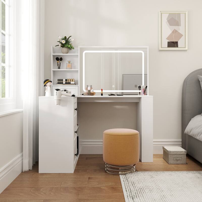 Vanity Desk with Lights & Power Strip, Large Bedroom Makeup Table, Dressing Table Set with Stool, 3 Drawers & 7 Shelves