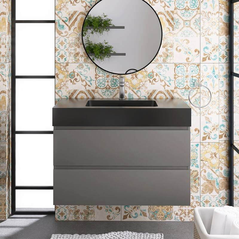 Floating Bathroom Vanity with Black Solid Surface Top - 35.8'' x 18.1'' x 25.2'' - Gray