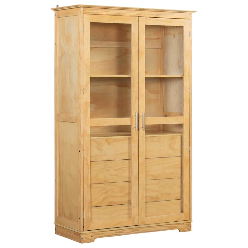 Kitchen Pantry, Freestanding Kitchen Storage Cabinet Display Cabinet with Glass Doors and 4 Built-in Drawers for Living Room
