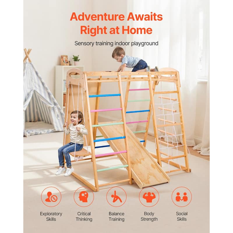 Colorful 7 in 1 Indoor Playground Jungle Gym for Kids with Extended Slide Swing Climbing Net Monkey Bars and 250 lbs Capacity