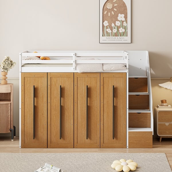 slide 2 of 37, Twin Loft Bed with 4 Large Wardrobes Underneath, Storage Loft Bed White - Twin