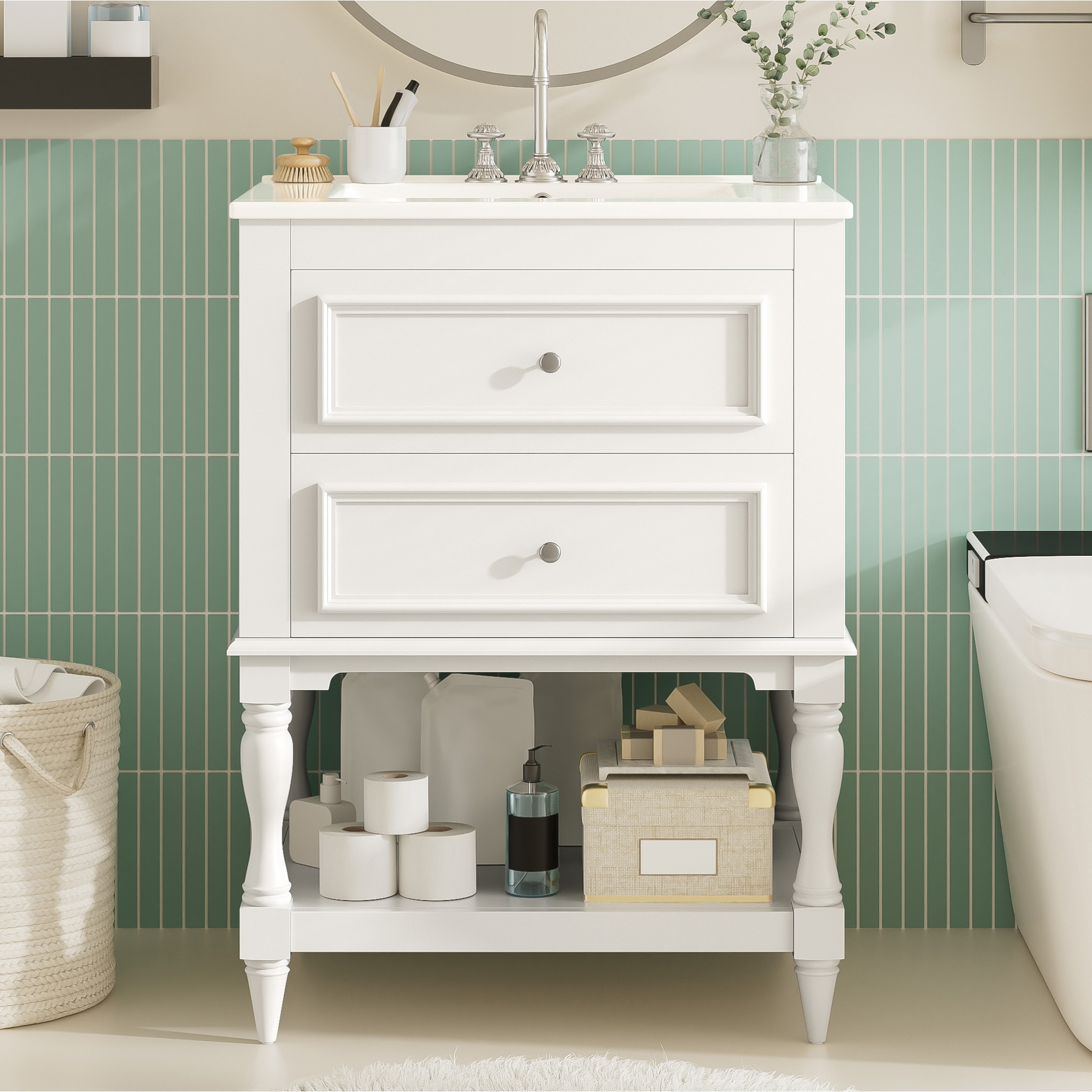 24" Retro Bathroom Vanity with Ceramic Sink & 2 Drawers - Solid Wood Storage Cabinet with Open Shelf