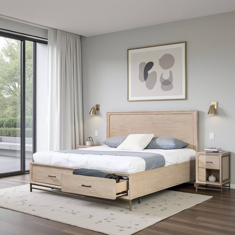 Rozie Queen Bed, Footboard Storage Drawers, Light Oak Brown Solid Wood