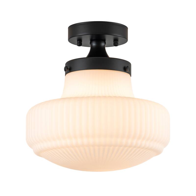 Modern 1-Light Opal Glass Semi Flush Mount - Black - 11-in W x 11-in H