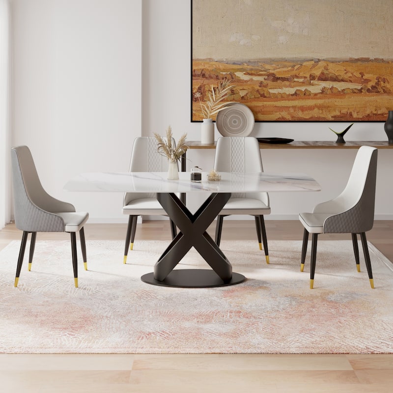 Marble Dining Table, Slate Panel with Metal Pedestal