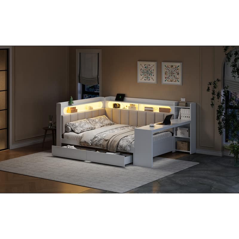 Full Daybed with Storage Shelves Built-in Charging Station LED Light, L-shape Upholstered Sofa Bed with 2 Drawers, Cabinet, Desk