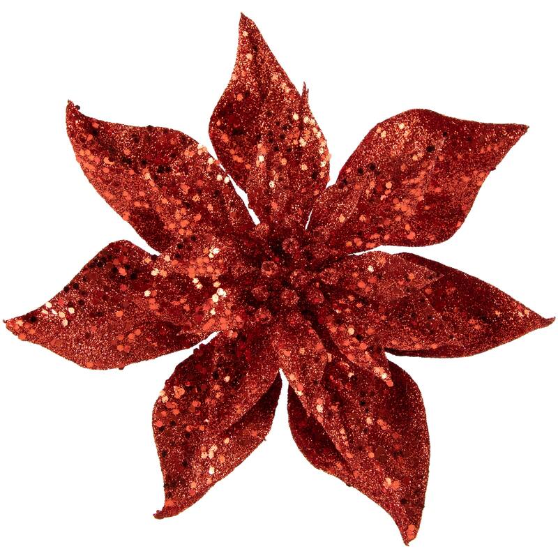 Artificial Glittered Poinsettia Christmas Floral Pick Clip-On Ornament - 9" - Red