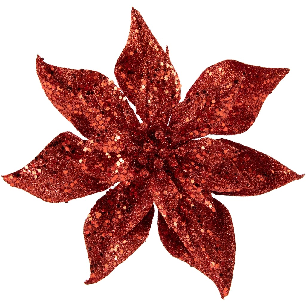 Artificial Glittered Poinsettia Christmas Floral Pick Clip-On Ornament - 9" - Red