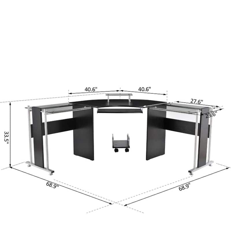 Modern Black MDF L-Shaped Home Office Desk with Tempered Glass Top and Rolling CPU Holder