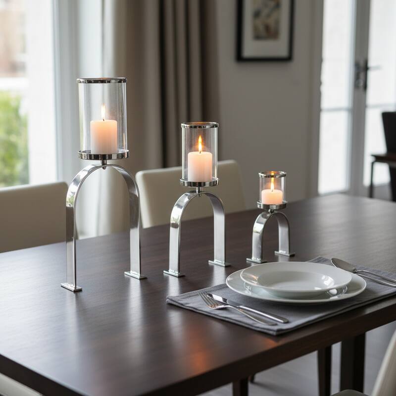 Candle Holders Set of 3 - Metal Pillar, 10/16/22" - 22.0"