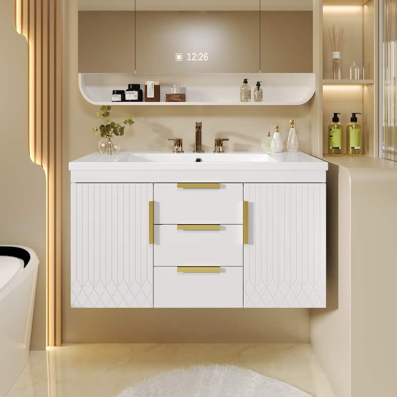 36''Floating Bathroom Vanity - Solid Wood Wall-Mounted Cabinet with Resin Sink & 2 Soft-Close Drawers. - White