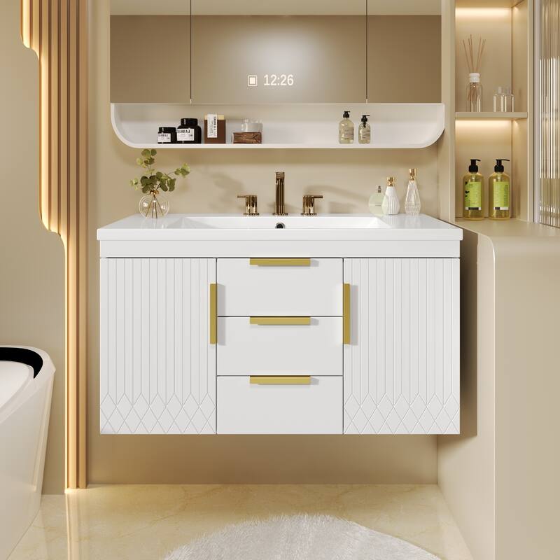 GDFStudio - Caldora Modern Wall-Mounted Bathroom Vanity with 2 Storage Drawers and Resin Sink - 36'W